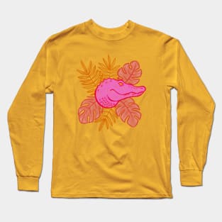 Tropical Botanical Hot Pink Alligator Long Sleeve T-Shirt